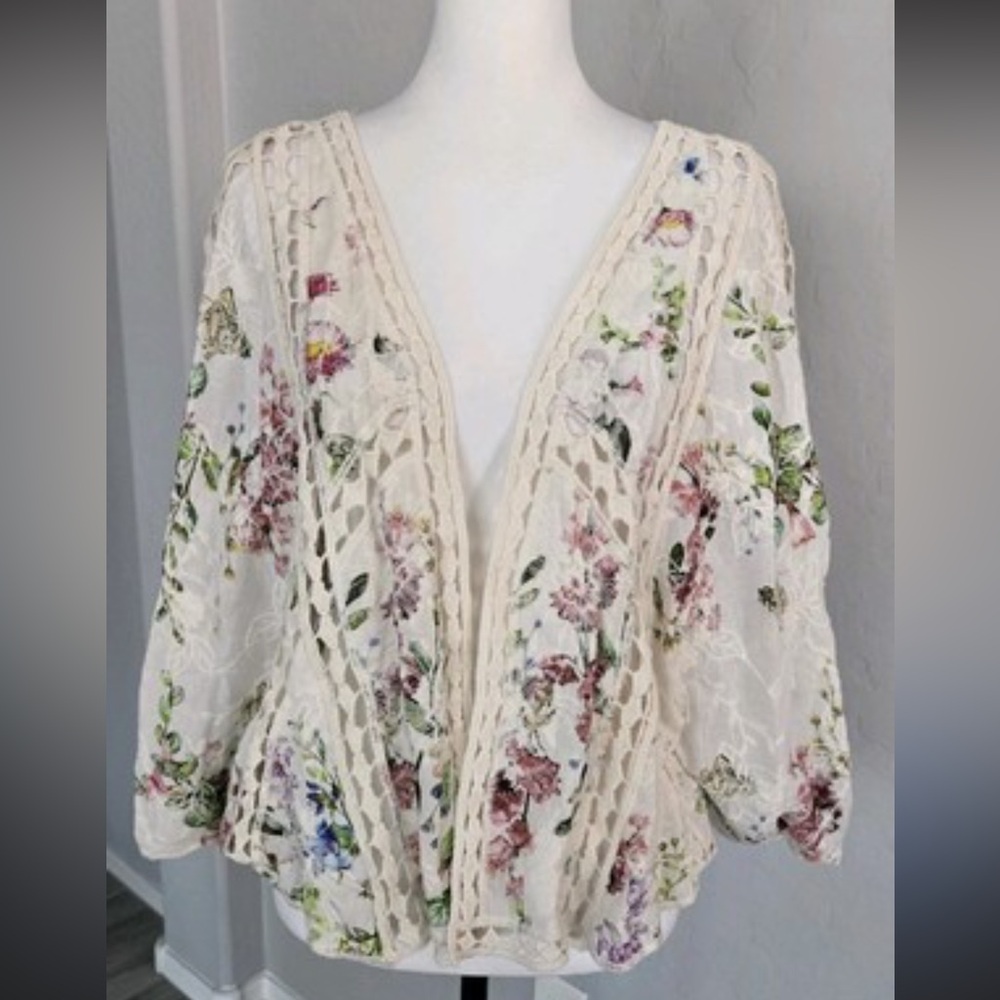 NWT Rachel Roy Cream Embroidery Floral Lace Open Kimono Boho Cardigan One Size